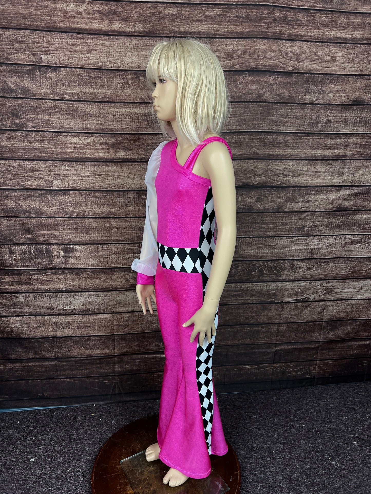 Kids Neon Pink and Diamond One Sleeve Trick Rider Jumpsuit
