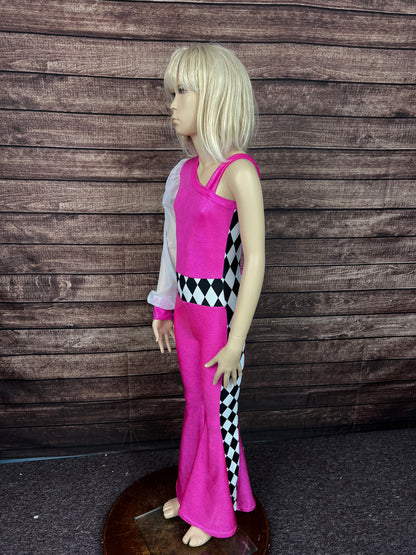 Kids Neon Pink and Diamond One Sleeve Trick Rider Jumpsuit