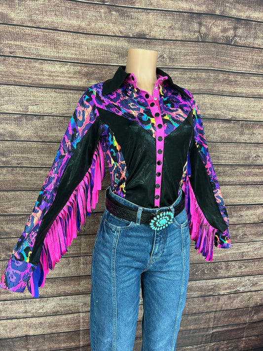 Rainbow Leopard Snap Front Rodeo Shirt with Thunderbird Fringe