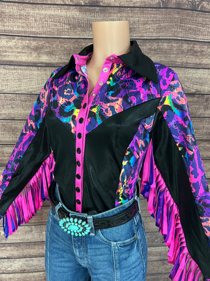 Rainbow Leopard Snap Front Rodeo Shirt with Thunderbird Fringe