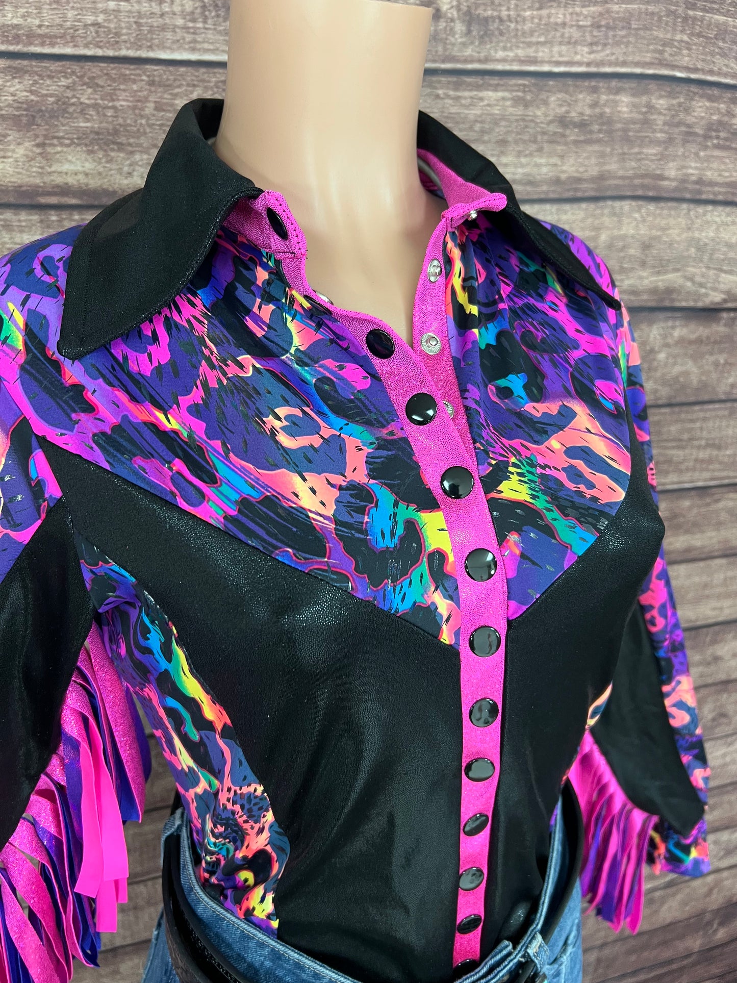 Rainbow Leopard Snap Front Rodeo Shirt with Thunderbird Fringe