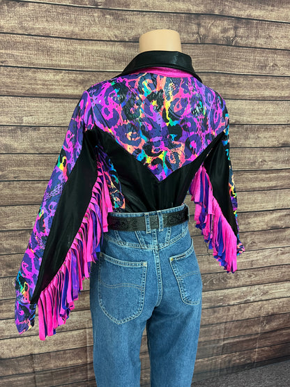 Rainbow Leopard Snap Front Rodeo Shirt with Thunderbird Fringe