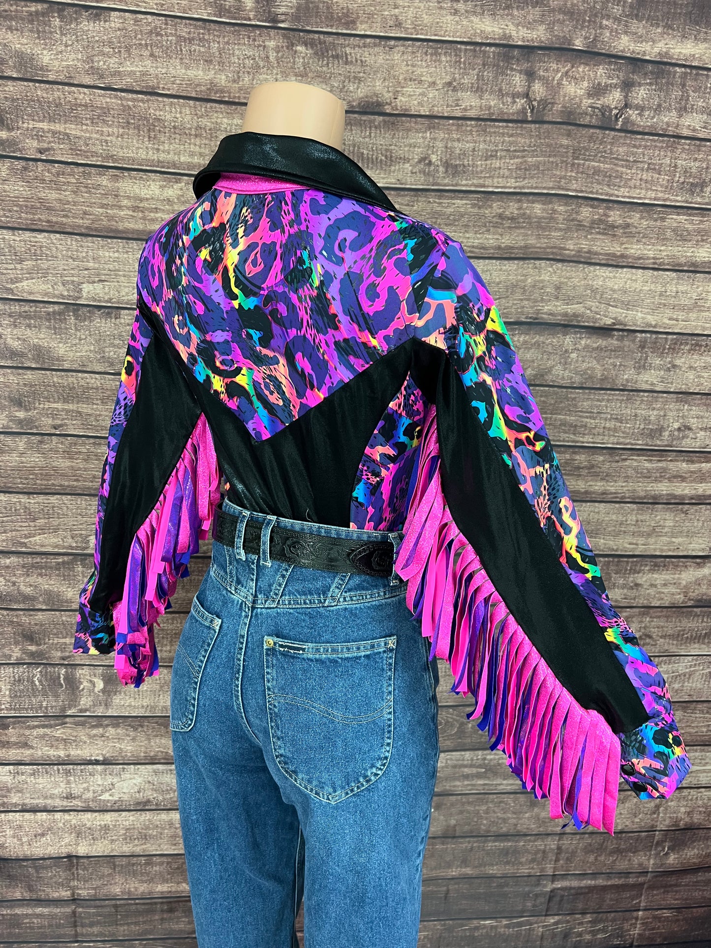 Rainbow Leopard Snap Front Rodeo Shirt with Thunderbird Fringe