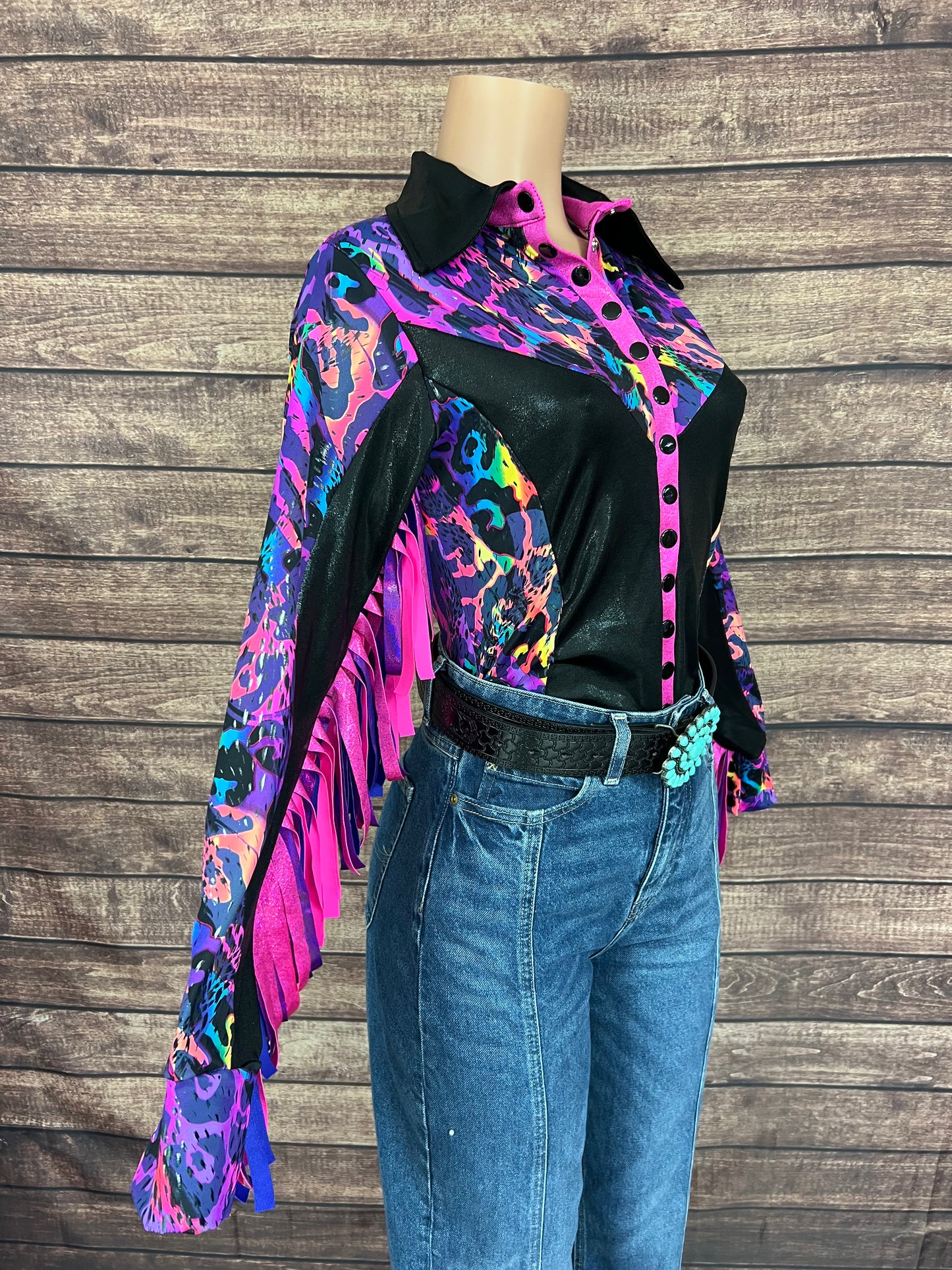 Rainbow Leopard Snap Front Rodeo Shirt with Thunderbird Fringe