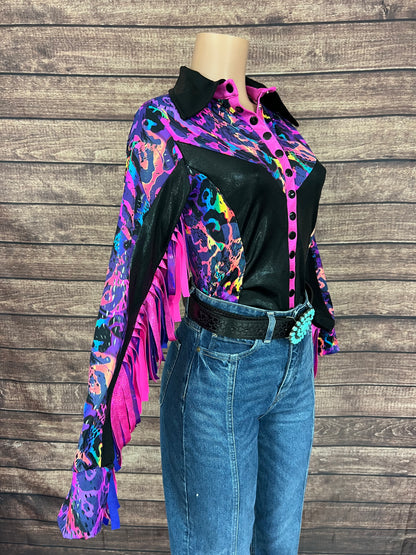 Rainbow Leopard Snap Front Rodeo Shirt with Thunderbird Fringe