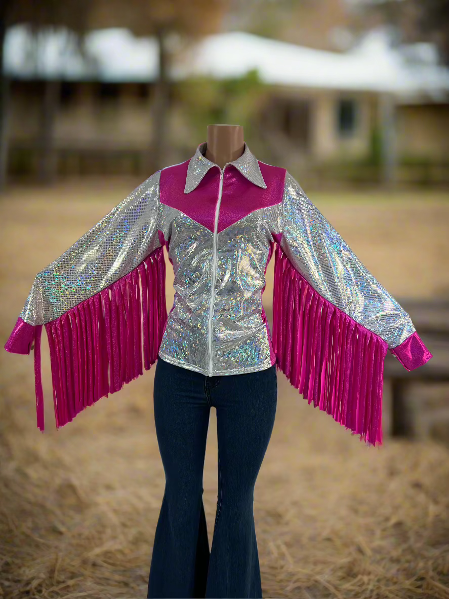 Pink and White Rodeo Shirt with Thunderbird Fringe Rodeo Shirt Riverside Rodeo Shirts 