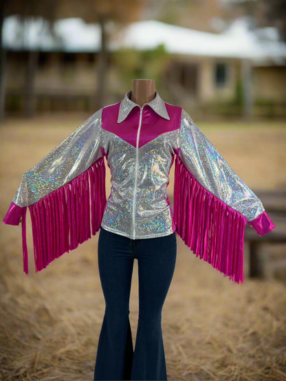 Pink and White Rodeo Shirt with Thunderbird Fringe Rodeo Shirt Riverside Rodeo Shirts 