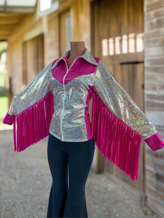 Pink and White Rodeo Shirt with Thunderbird Fringe Rodeo Shirt Riverside Rodeo Shirts 