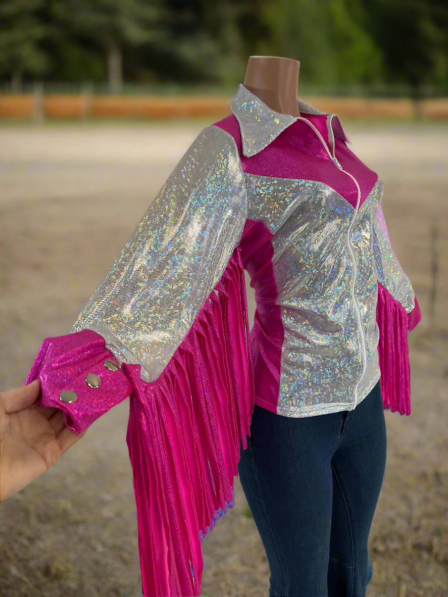 Pink and White Rodeo Shirt with Thunderbird Fringe Rodeo Shirt Riverside Rodeo Shirts 
