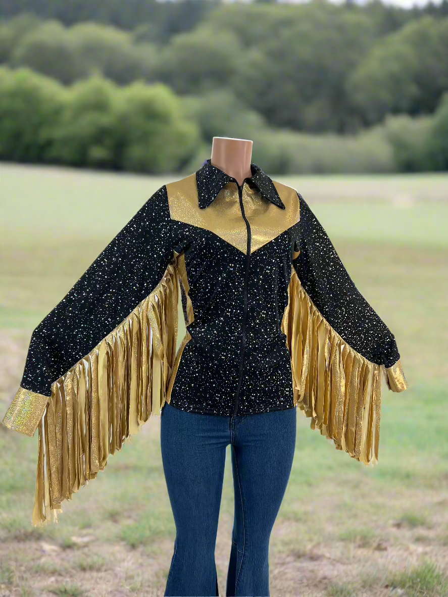 Gold and Black Rodeo Shirt with Thunderbird Fringe - Riverside Rodeo Shirts