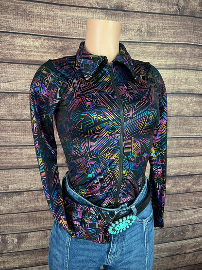Cyberspace Zipper Front Rodeo Shirt with Baby Pink Back Yoke Fringe