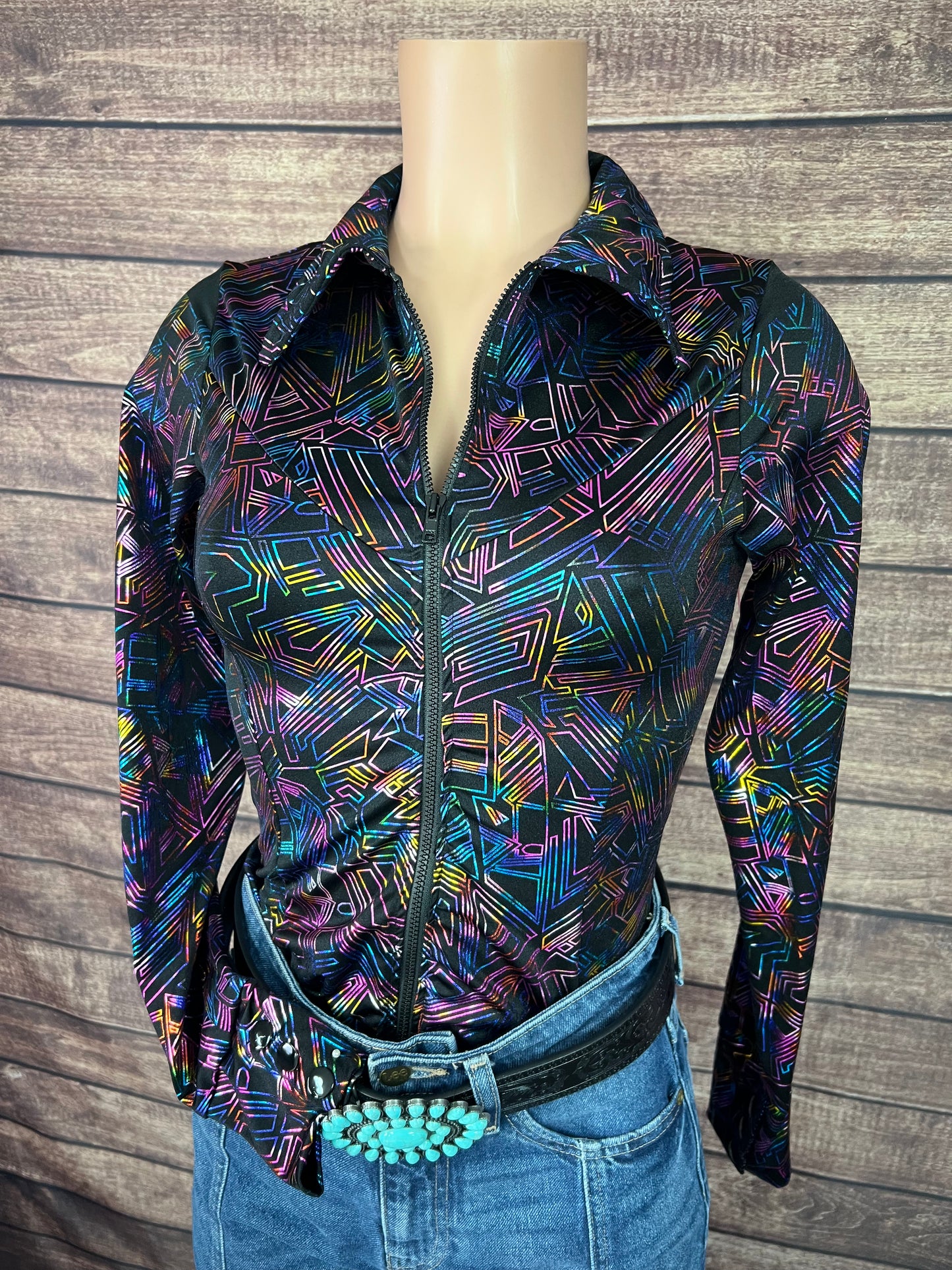 Cyberspace Zipper Front Rodeo Shirt with Baby Pink Back Yoke Fringe