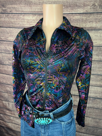 Cyberspace Zipper Front Rodeo Shirt with Baby Pink Back Yoke Fringe