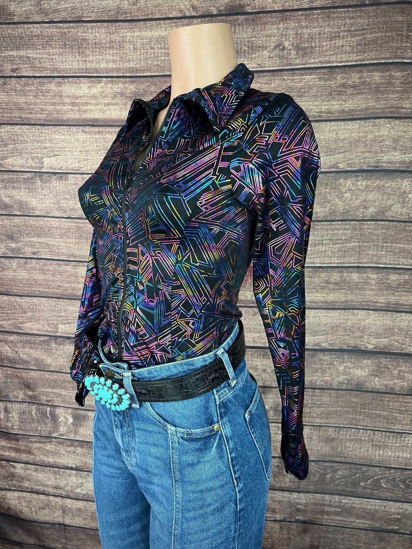 Cyberspace Zipper Front Rodeo Shirt with Baby Pink Back Yoke Fringe