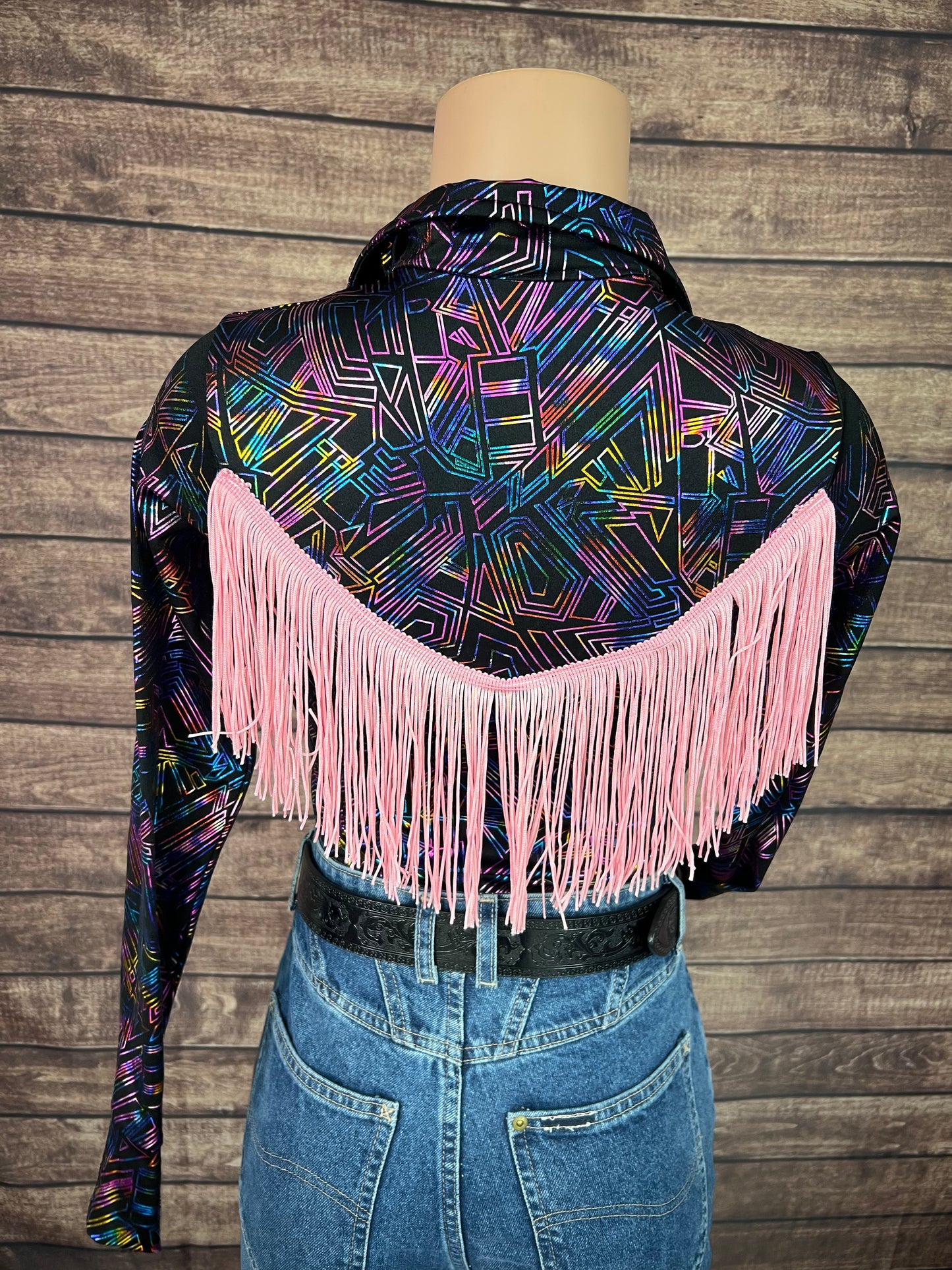 Cyberspace Zipper Front Rodeo Shirt with Baby Pink Back Yoke Fringe