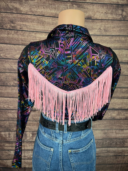 Cyberspace Zipper Front Rodeo Shirt with Baby Pink Back Yoke Fringe