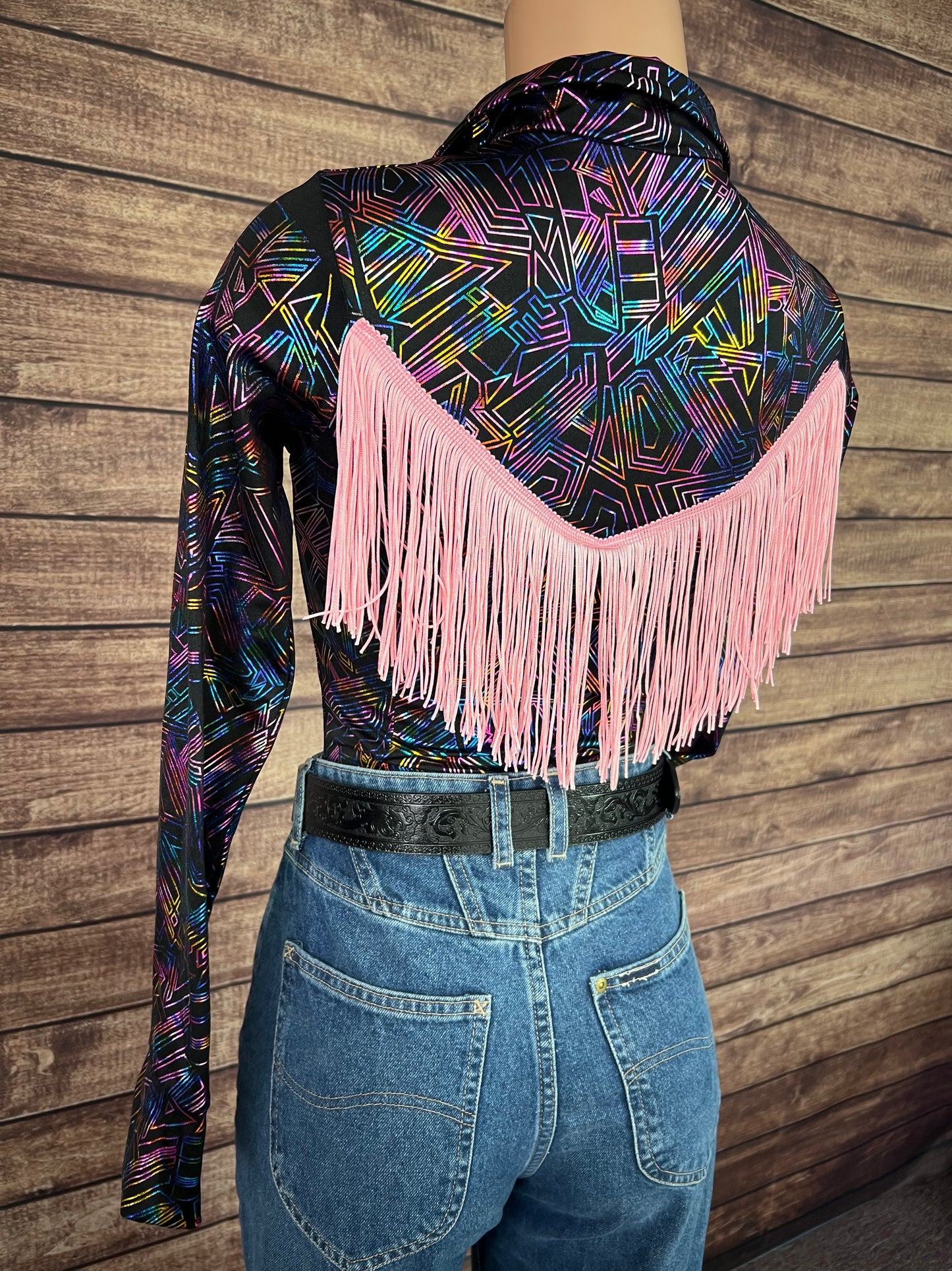Cyberspace Zipper Front Rodeo Shirt with Baby Pink Back Yoke Fringe