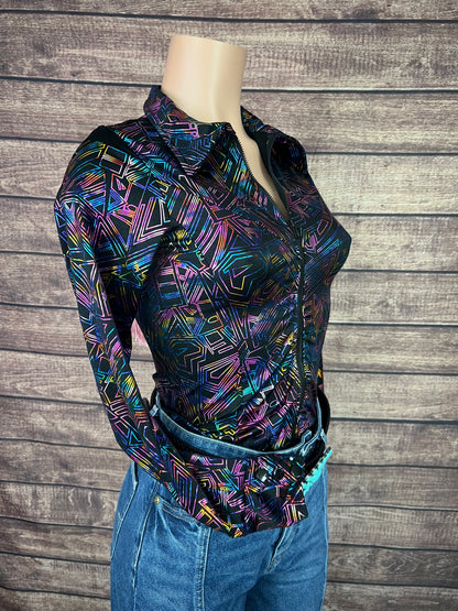 Cyberspace Zipper Front Rodeo Shirt with Baby Pink Back Yoke Fringe