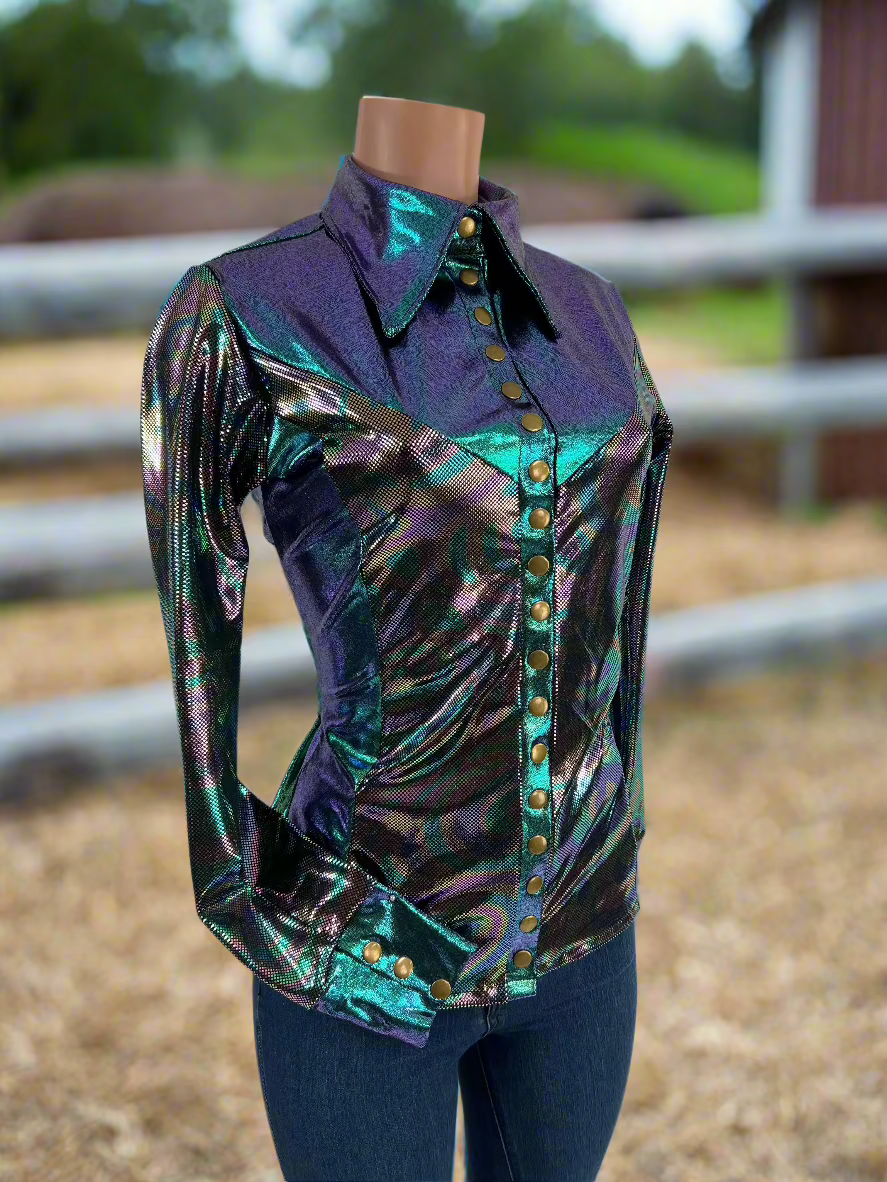 Oil Slick and Scarab Snap Front Holographic Rodeo Shirt Rodeo Shirt Riverside Rodeo Shirts 