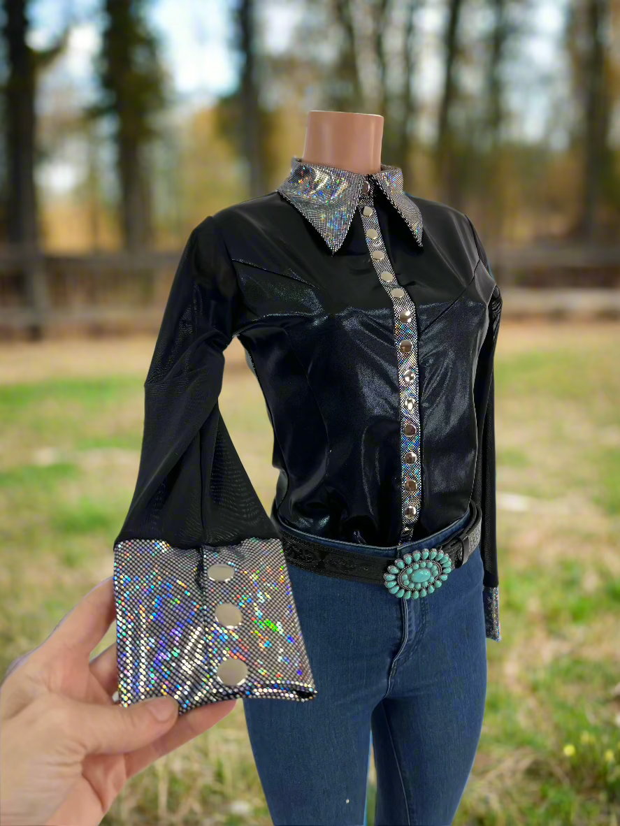 Black Mystique Mesh Sleeve Snap Front Rodeo Shirt Rodeo Shirt Riverside Rodeo Shirts 