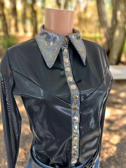 Black Mystique Mesh Sleeve Snap Front Rodeo Shirt Rodeo Shirt Riverside Rodeo Shirts 