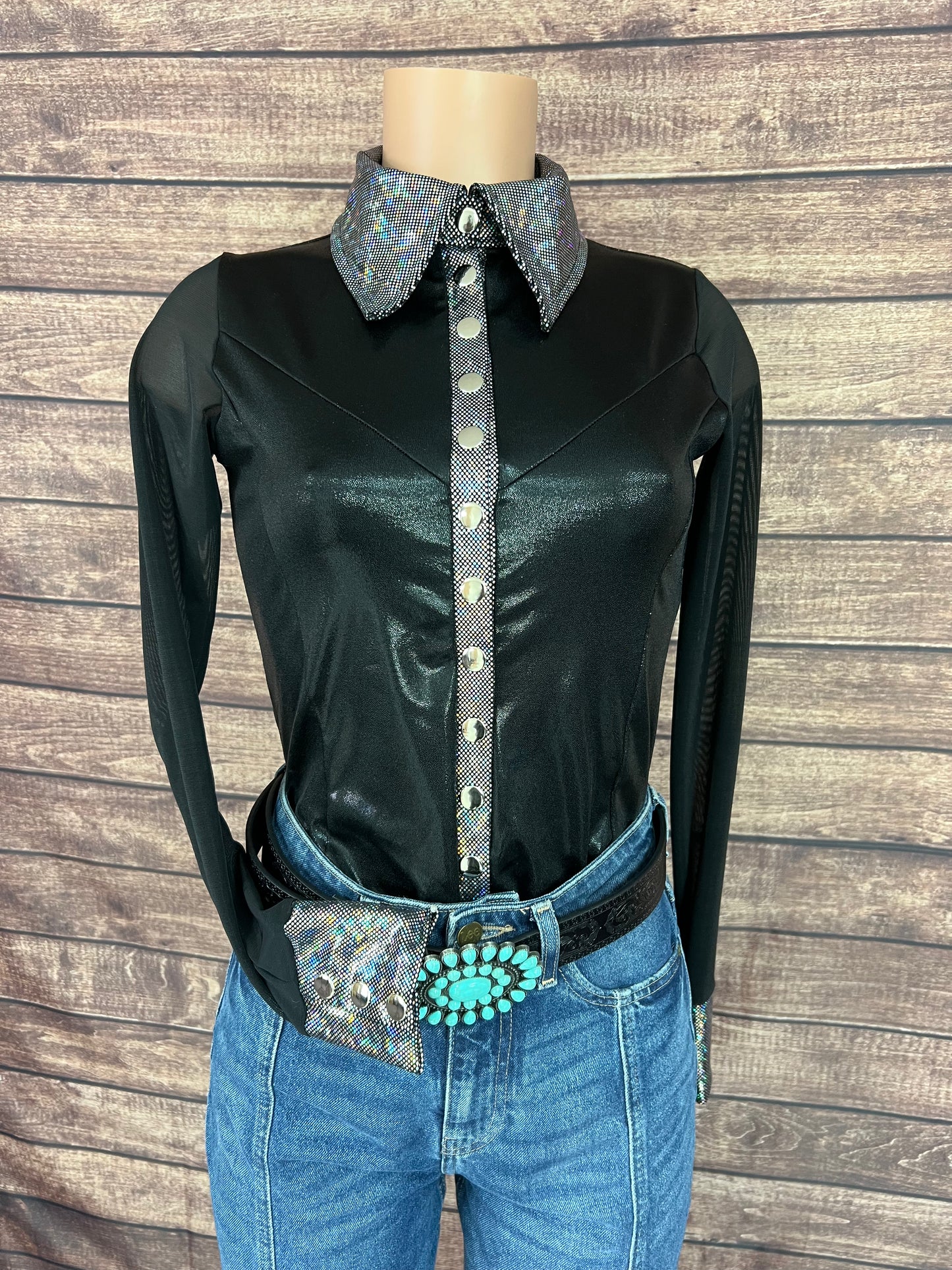 Black Mystique Mesh Sleeve Snap Front Rodeo Shirt
