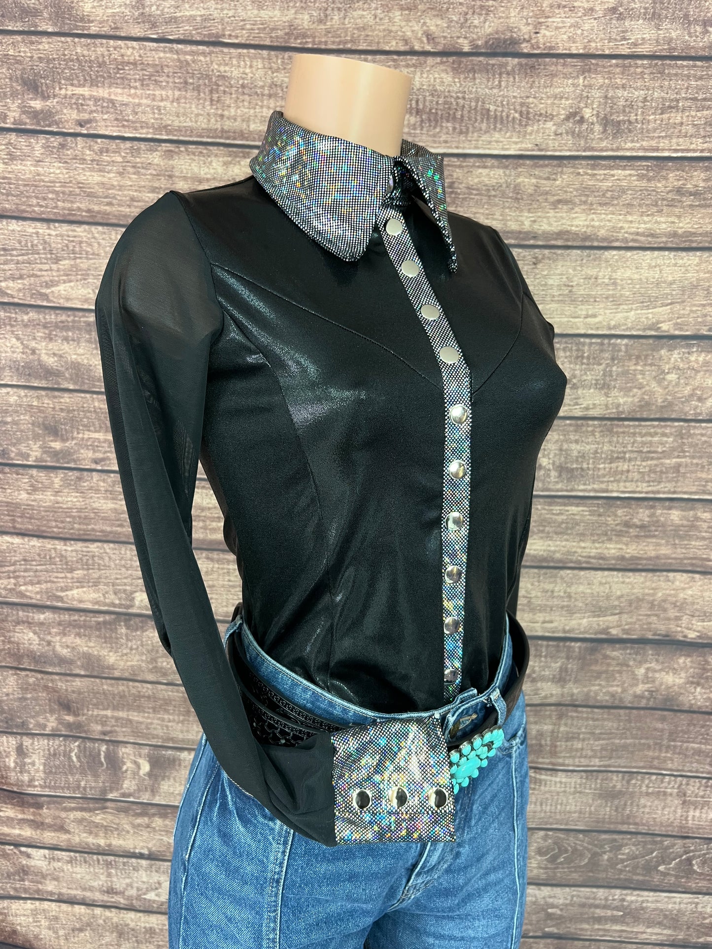 Black Mystique Mesh Sleeve Snap Front Rodeo Shirt