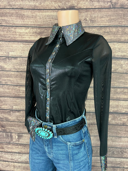 Black Mystique Mesh Sleeve Snap Front Rodeo Shirt