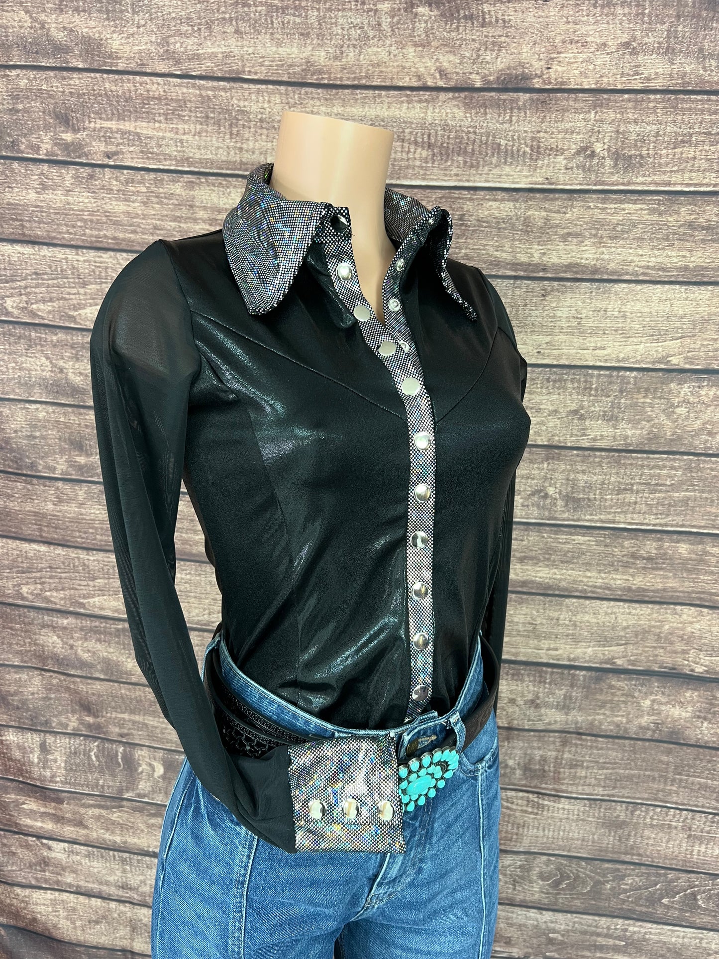 Black Mystique Mesh Sleeve Snap Front Rodeo Shirt