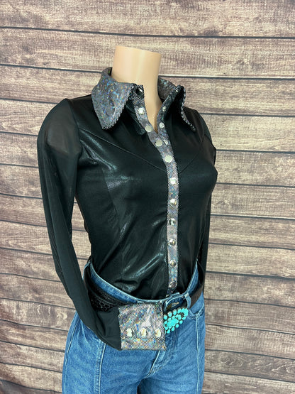 Black Mystique Mesh Sleeve Snap Front Rodeo Shirt