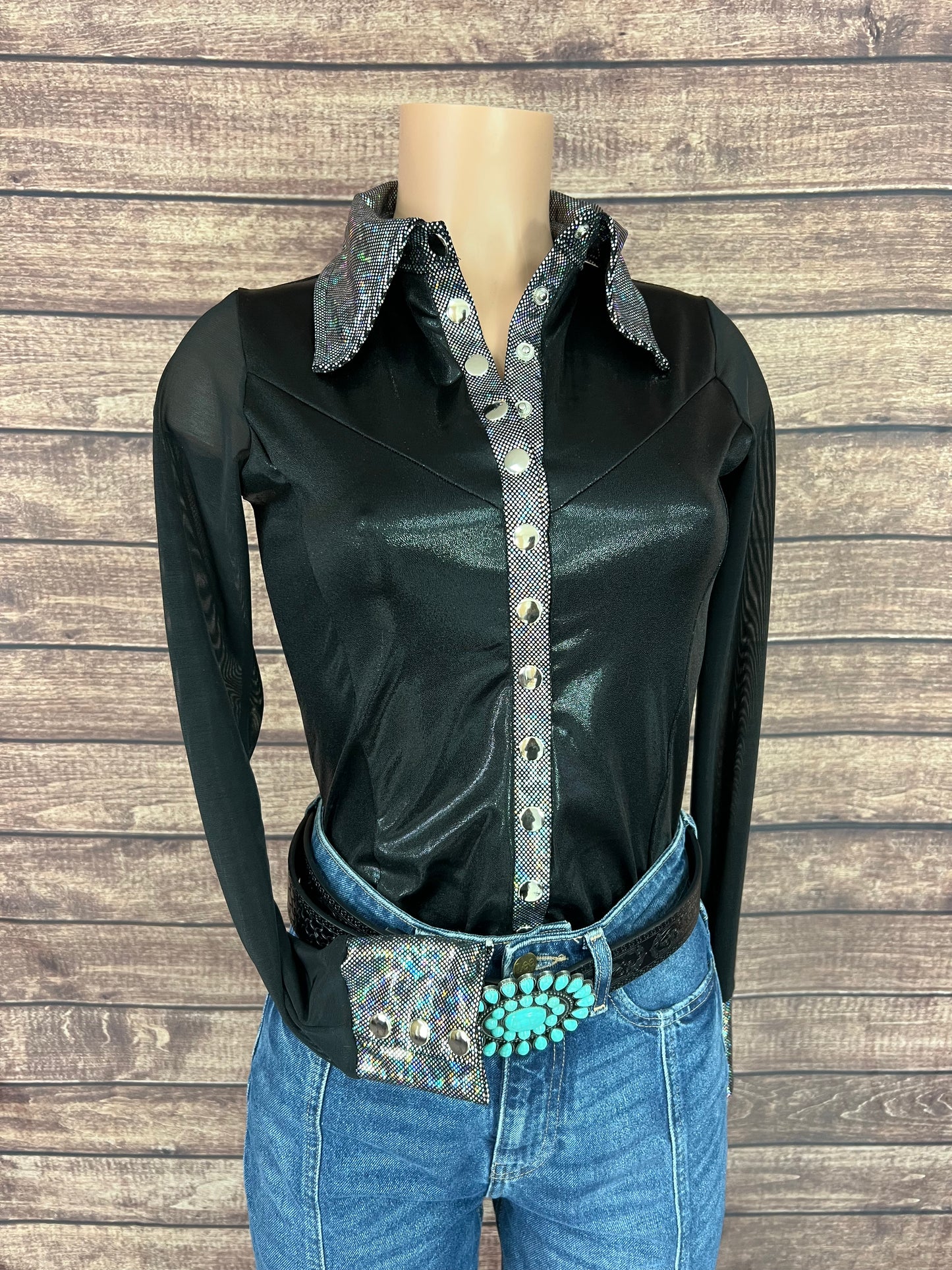 Black Mystique Mesh Sleeve Snap Front Rodeo Shirt