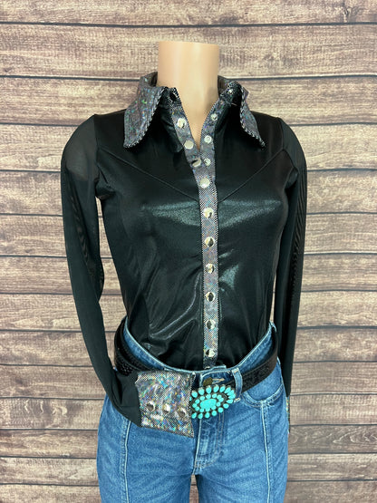 Black Mystique Mesh Sleeve Snap Front Rodeo Shirt
