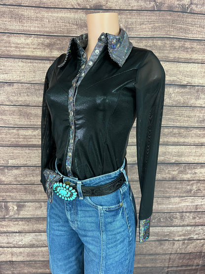 Black Mystique Mesh Sleeve Snap Front Rodeo Shirt