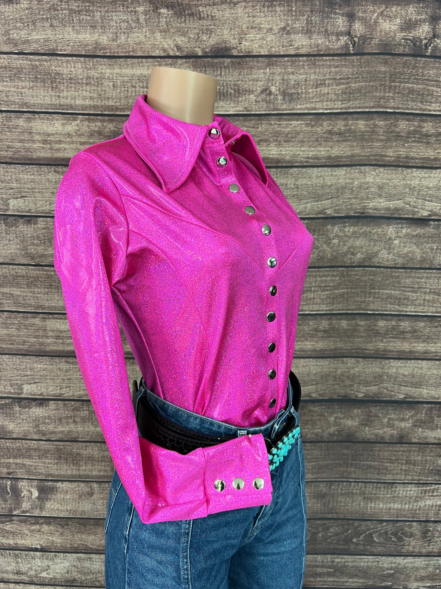 Neon Pink Sparkly Jewel Snap Front Rodeo Shirt