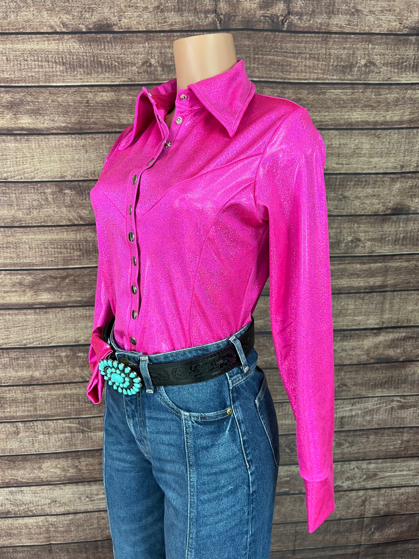 Neon Pink Sparkly Jewel Snap Front Rodeo Shirt