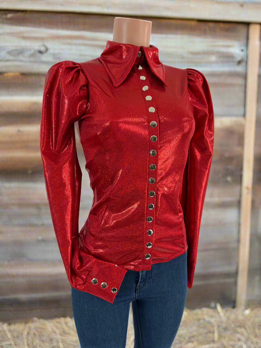 Red Sparkly Snap Front Rodeo Shirt with Puffed Sleeves Rodeo Shirt Riverside Rodeo Shirts 