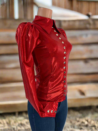 Red Sparkly Snap Front Rodeo Shirt with Puffed Sleeves Rodeo Shirt Riverside Rodeo Shirts 