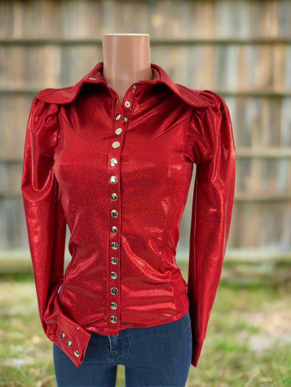 Red Sparkly Snap Front Rodeo Shirt with Puffed Sleeves Rodeo Shirt Riverside Rodeo Shirts 