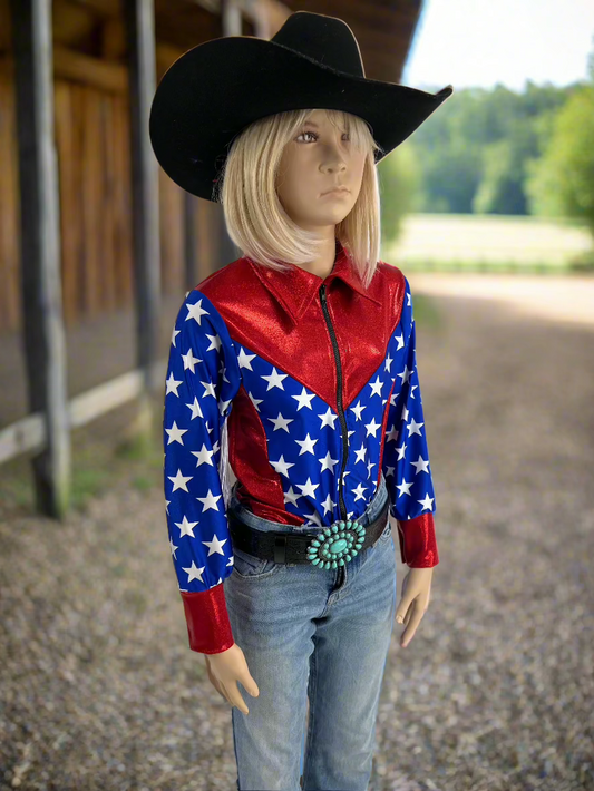 Firecracker Rodeo Shirt with White Fringe Rodeo Shirt Riverside Rodeo Shirts 