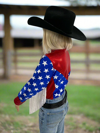 Firecracker Rodeo Shirt with White Fringe Rodeo Shirt Riverside Rodeo Shirts 