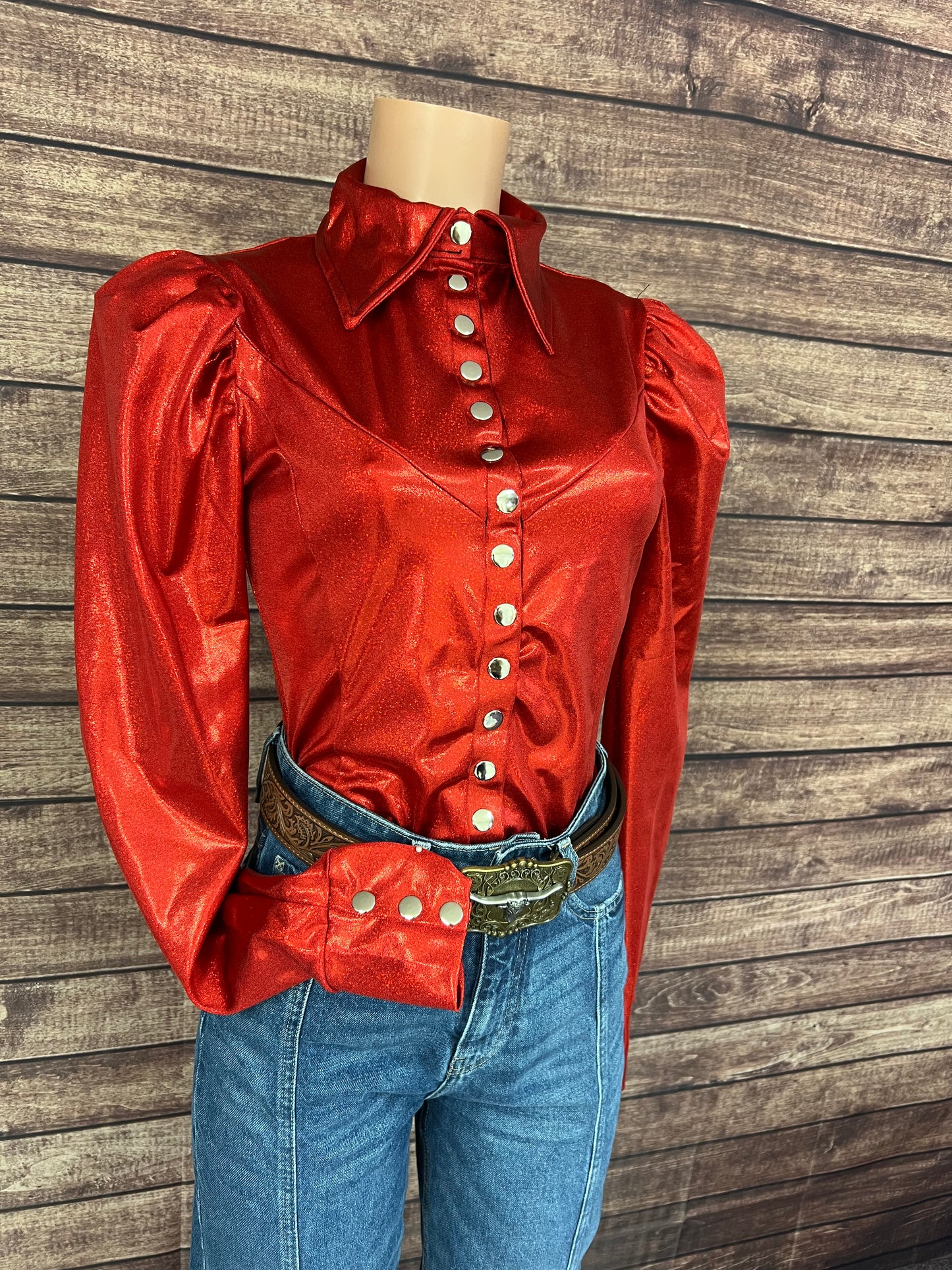 Red Sparkly Snap Front Rodeo Shirt with Puffed Sleeves