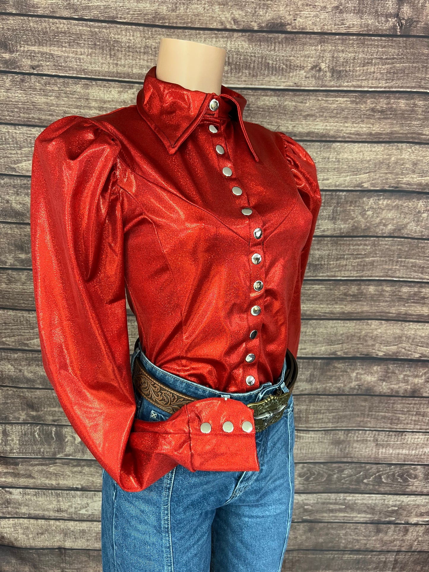 Red Sparkly Snap Front Rodeo Shirt with Puffed Sleeves