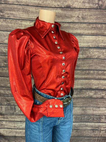 Red Sparkly Snap Front Rodeo Shirt with Puffed Sleeves