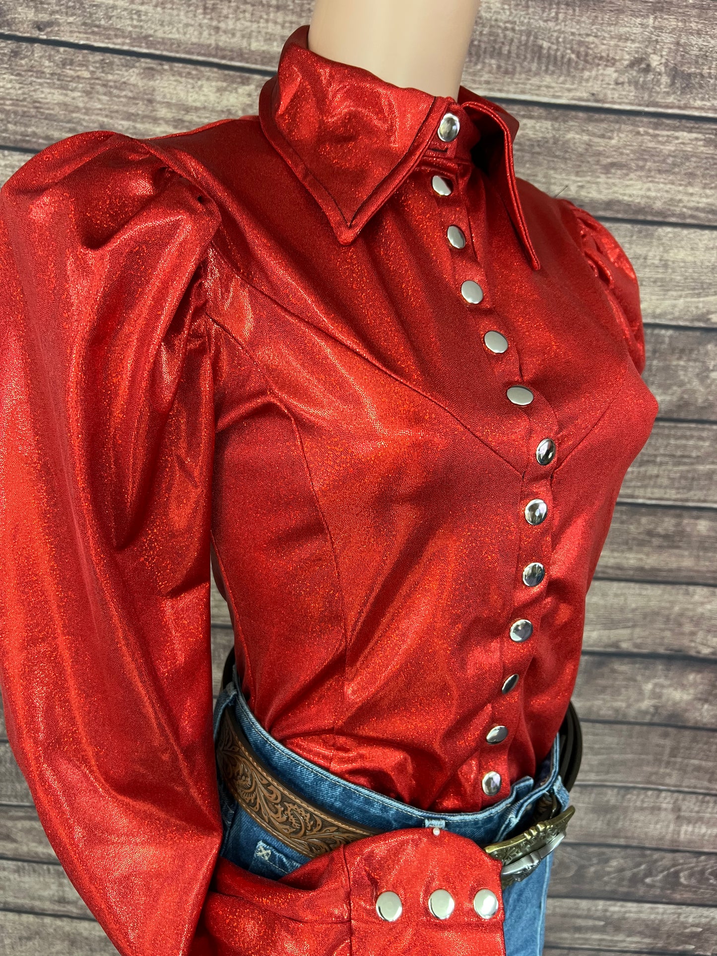 Red Sparkly Snap Front Rodeo Shirt with Puffed Sleeves