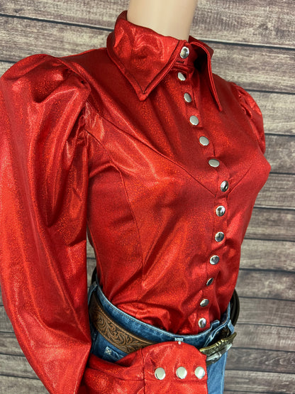 Red Sparkly Snap Front Rodeo Shirt with Puffed Sleeves