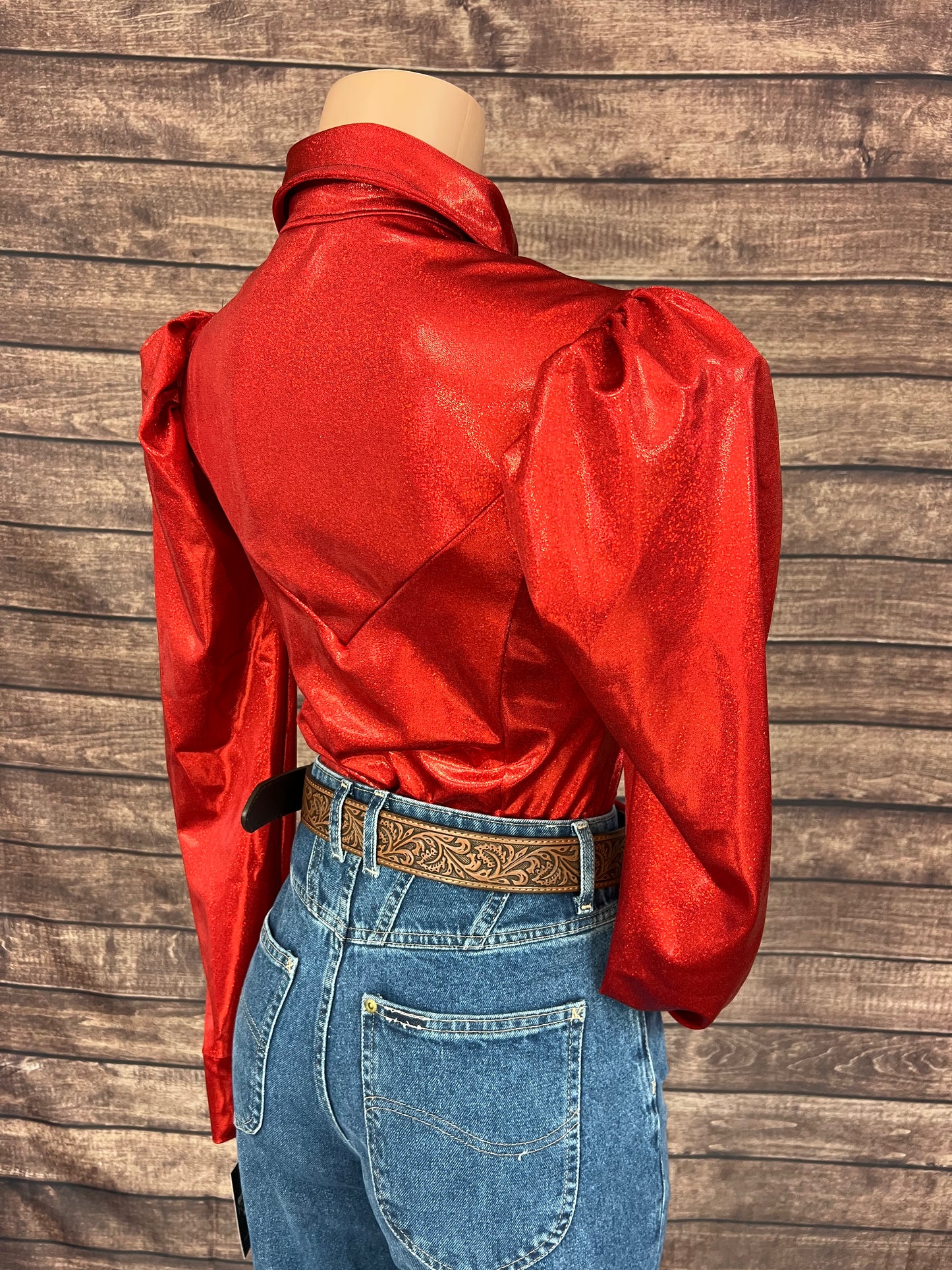 Red Sparkly Snap Front Rodeo Shirt with Puffed Sleeves