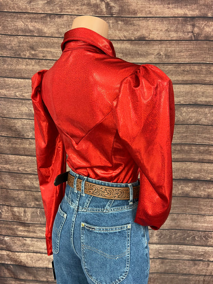Red Sparkly Snap Front Rodeo Shirt with Puffed Sleeves