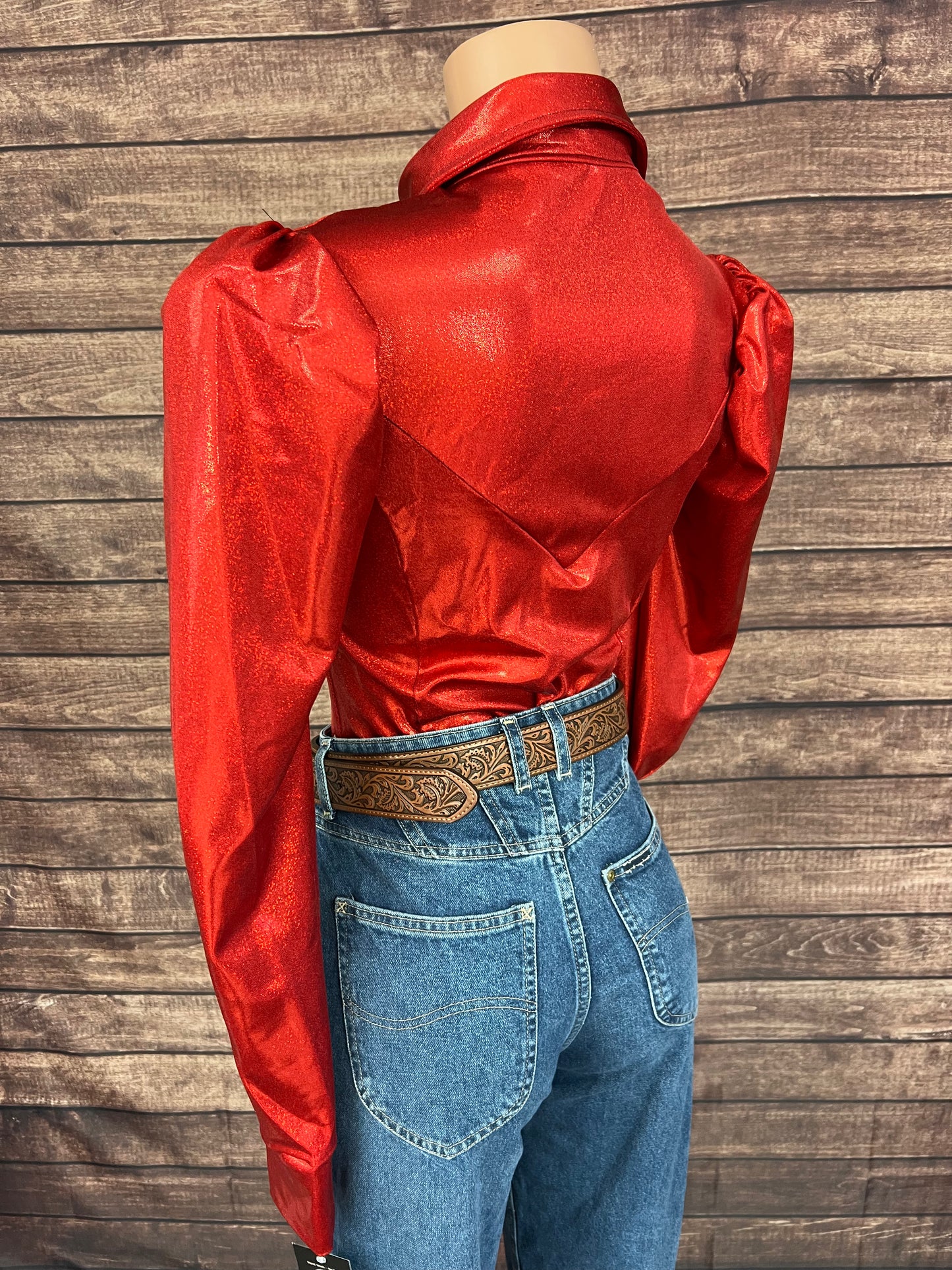 Red Sparkly Snap Front Rodeo Shirt with Puffed Sleeves