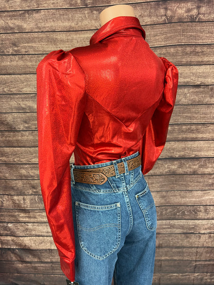 Red Sparkly Snap Front Rodeo Shirt with Puffed Sleeves