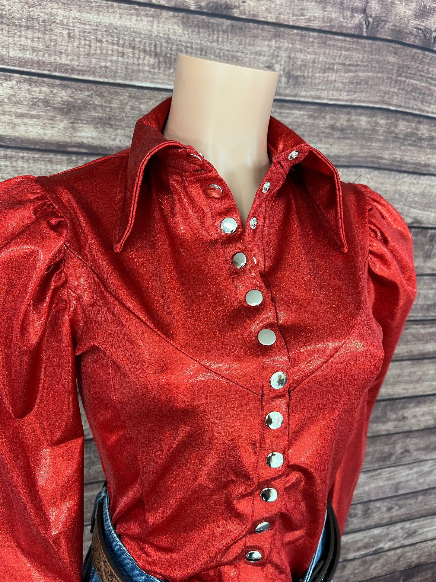 Red Sparkly Snap Front Rodeo Shirt with Puffed Sleeves